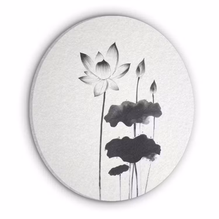 Bladeren - Zwart - Lotusbloem - Minimalitisch Akoestische PET Vilt - Rond klein -3d