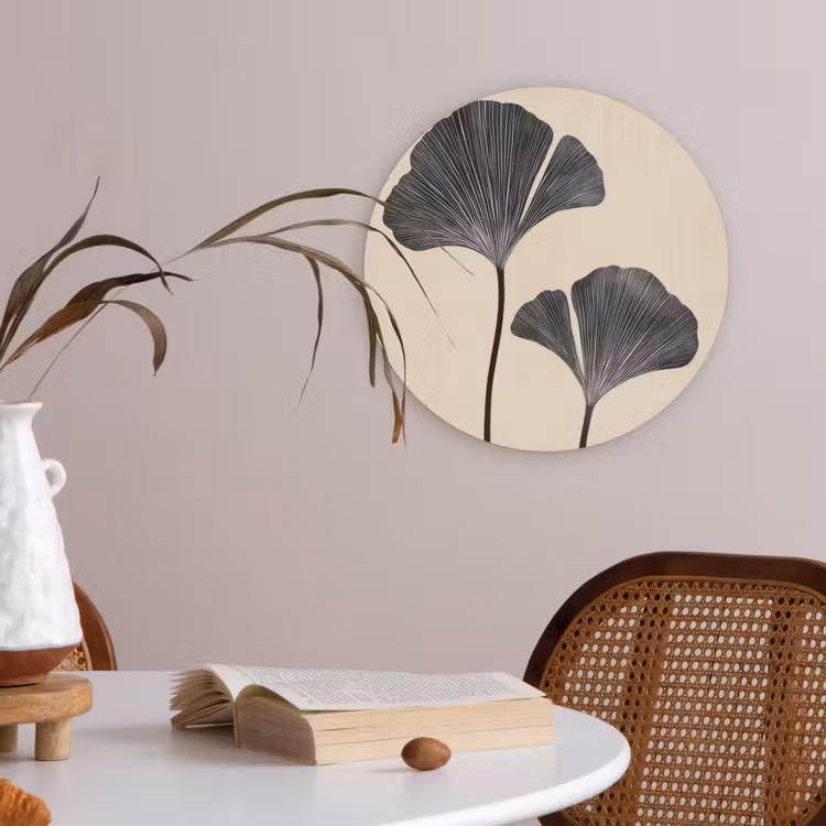Bladeren - Minimalistisch - Zwart Akoestische PET Vilt - Rond klein -sfeer3