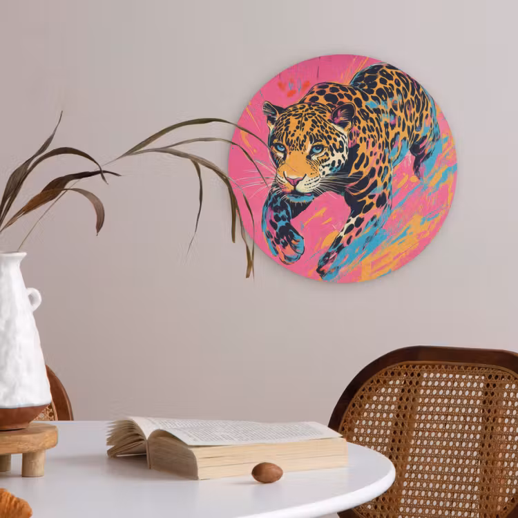 Luipaard - Roze - Oranje - Blauw - Verf Akoestische PET Vilt - Rond klein -sfeer3