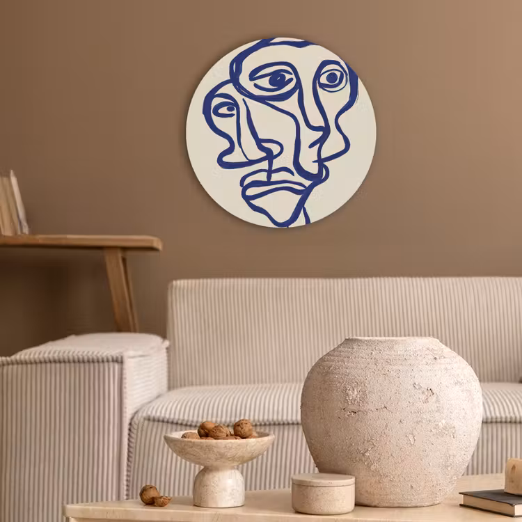 Lijntekening - Overlappende gezichten - Donkerblauw Akoestische PET Vilt - Rond klein -sfeer1