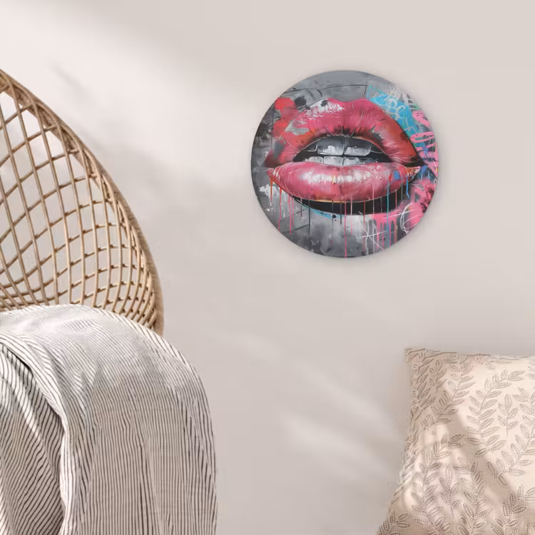 Lippen - Felroze - Graffiti - Verfstrepen Akoestische PET Vilt - Rond klein -sfeer4