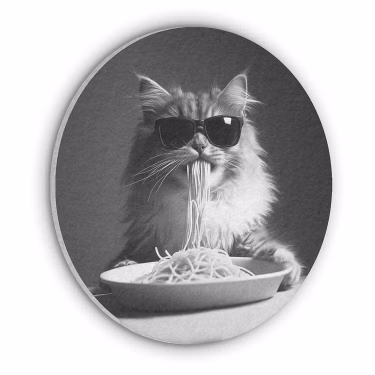 Langharige kat - Zonnebril - Spaghetti - Humor - Zwart - wit Akoestische PET Vilt - Rond klein -3d