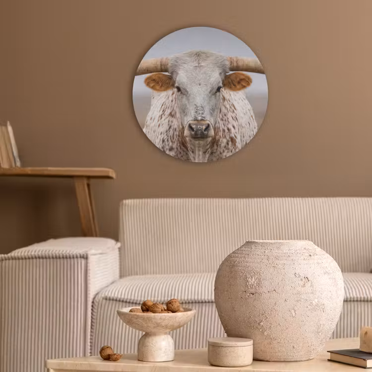 Longhorn - Grasveld - Dier Akoestische PET Vilt - Rond klein -sfeer1