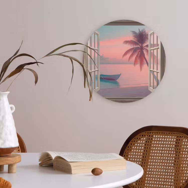 Doorkijk - Strand - Palmboom - Tropisch Akoestische PET Vilt - Rond klein -sfeer3