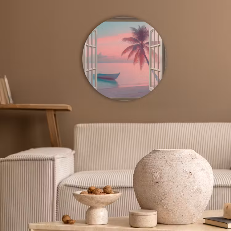 Doorkijk - Strand - Palmboom - Tropisch Akoestische PET Vilt - Rond klein -sfeer1