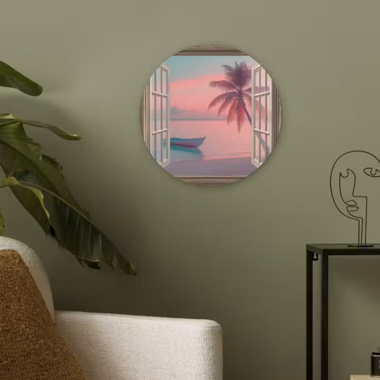 Doorkijk - Strand - Palmboom - Tropisch Akoestische PET Vilt - Rond klein -sfeer2