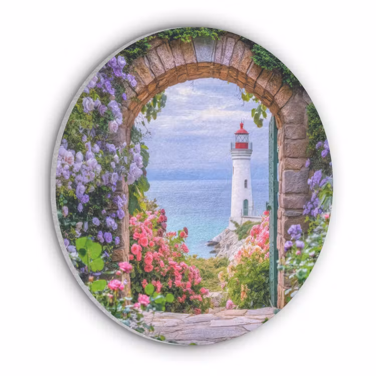 Doorkijk - Vuurtoren - Bloemen - Uitzicht Akoestische PET Vilt - Rond klein -3d
