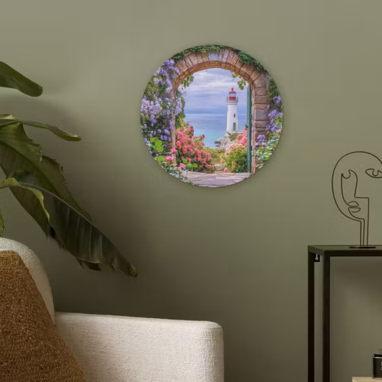 Doorkijk - Vuurtoren - Bloemen - Uitzicht Akoestische PET Vilt - Rond klein -sfeer2