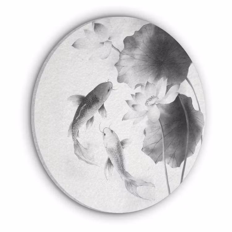 Lotusbloemen - Vissen - Bladeren - Zwart Akoestische PET Vilt - Rond klein -3d
