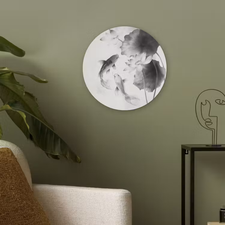 Lotusbloemen - Vissen - Bladeren - Zwart Akoestische PET Vilt - Rond klein -sfeer2