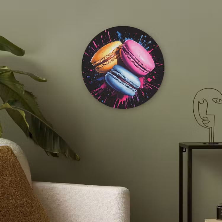 Macarons - Dessert - Graffiti - Kleurrijk - Roze - Blauw - Geel Akoestische PET Vilt - Rond klein -sfeer2
