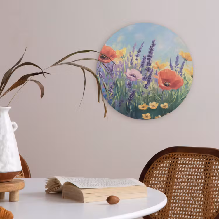 Weide - Bloemen - Kleurrijk Akoestische PET Vilt - Rond klein -sfeer3