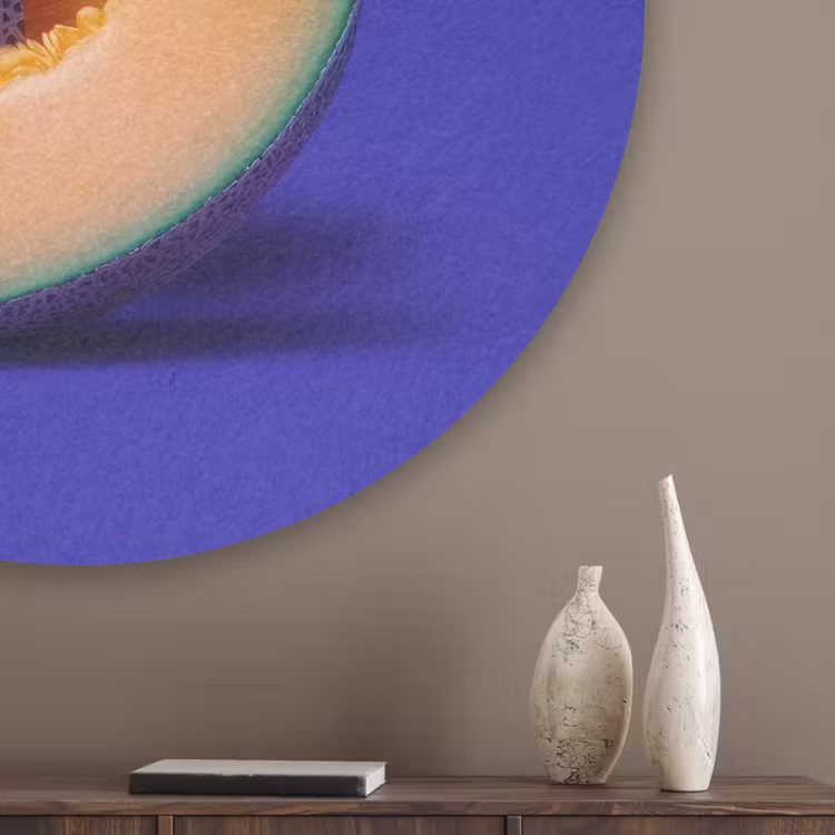 Meloen - Blauw - Oranje - Kunstzinnig Akoestische PET Vilt - Rond klein -sfeer5_closeup