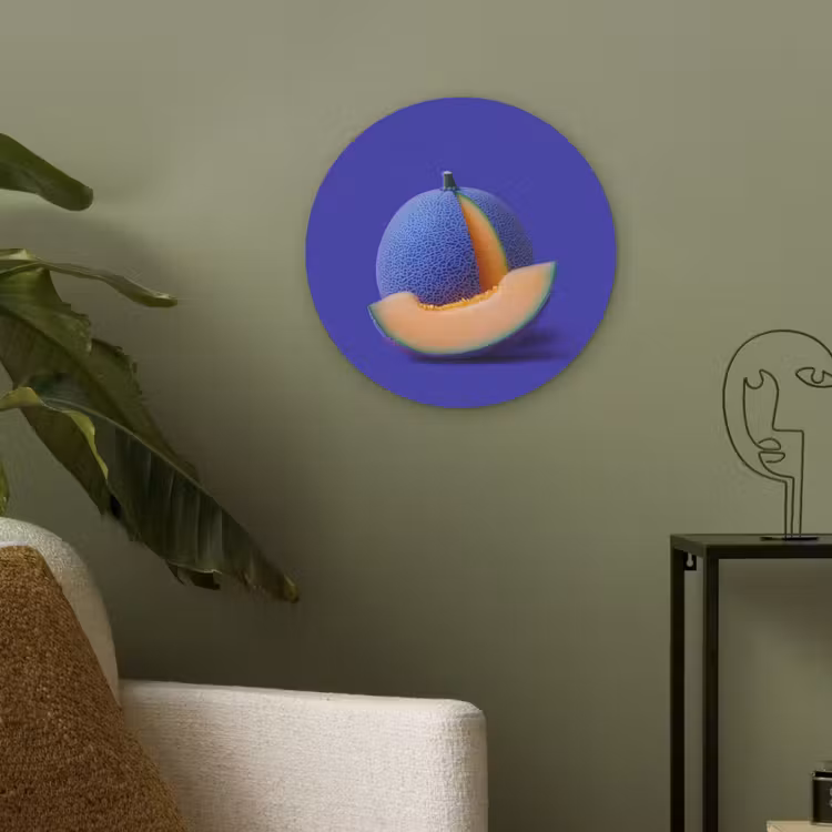 Meloen - Blauw - Oranje - Kunstzinnig Akoestische PET Vilt - Rond klein -sfeer2