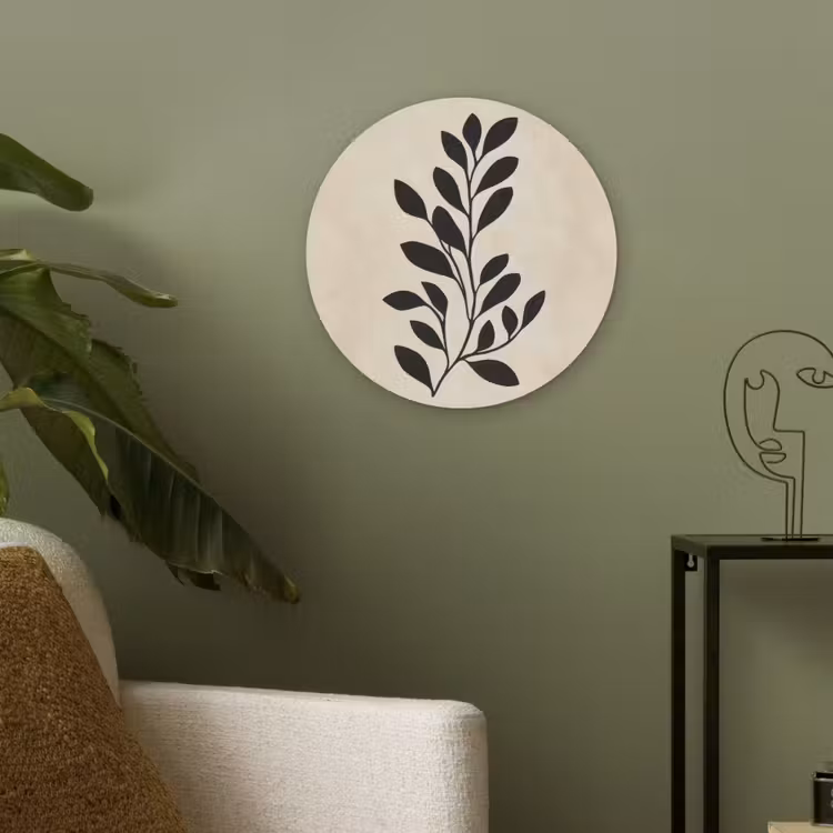 Minimalistisch - Tak - Bladeren - Zwart Akoestische PET Vilt - Rond klein -sfeer2