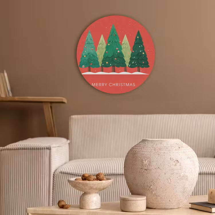 Minimalistisch - Kerstbomen - Rood - Sneeuw Akoestische PET Vilt - Rond klein -sfeer1