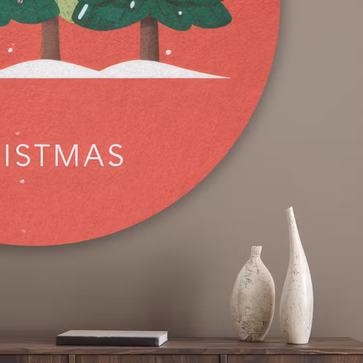 Minimalistisch - Kerstbomen - Rood - Sneeuw Akoestische PET Vilt - Rond klein -sfeer5_closeup
