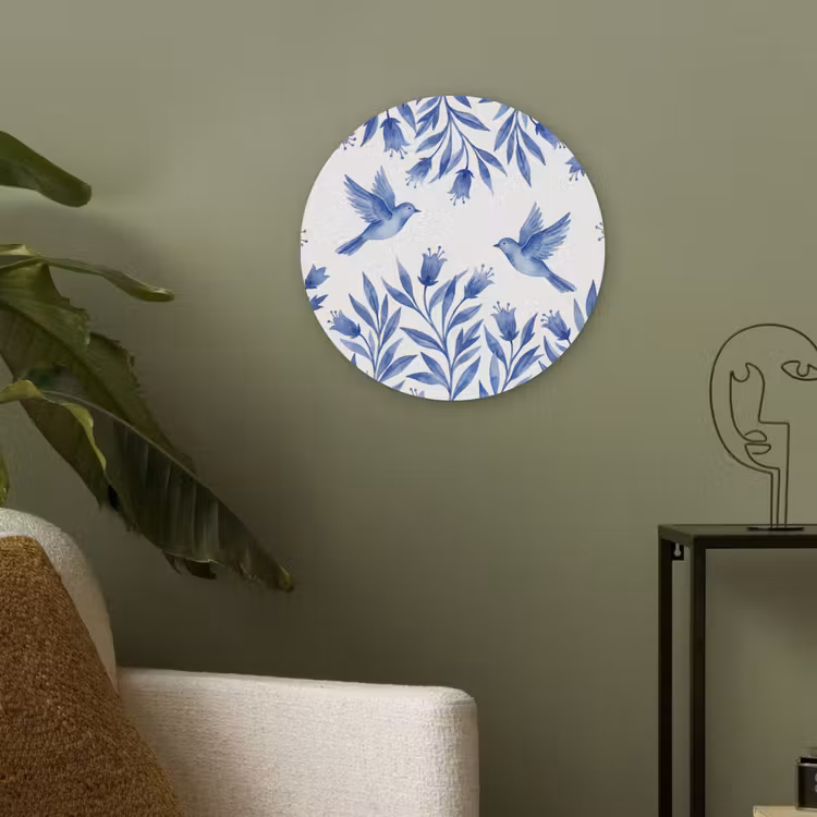 Modern - Vogels - Delfts - Blauw Akoestische PET Vilt - Rond klein -sfeer2