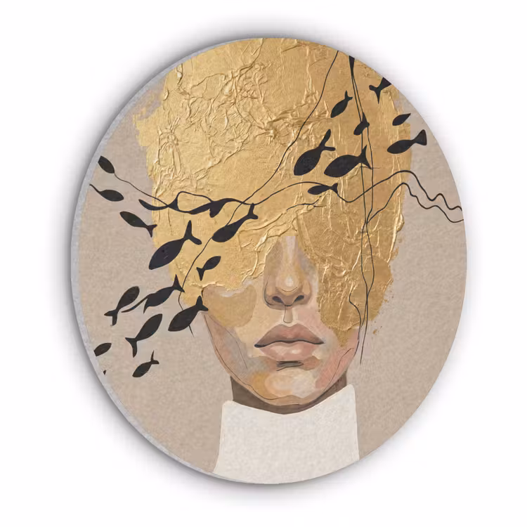 Modern - Vrouw - Goud Akoestische PET Vilt - Rond klein -3d