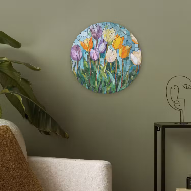 Mozaïek - Veld - Tulpen - Kleurrijk Akoestische PET Vilt - Rond klein -sfeer2