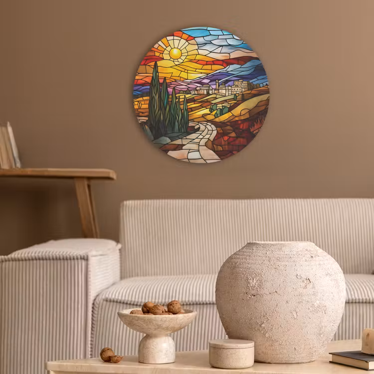 Mozaïek - Zon - Landschap - Dorp Akoestische PET Vilt - Rond klein -sfeer1