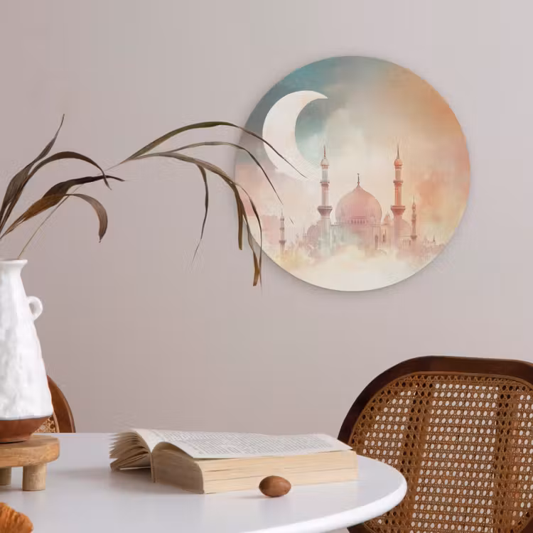 Moskee - Kleurrijke wolken - Arabisch - Ramadan - Islamitische Akoestische PET Vilt - Rond klein -sfeer3