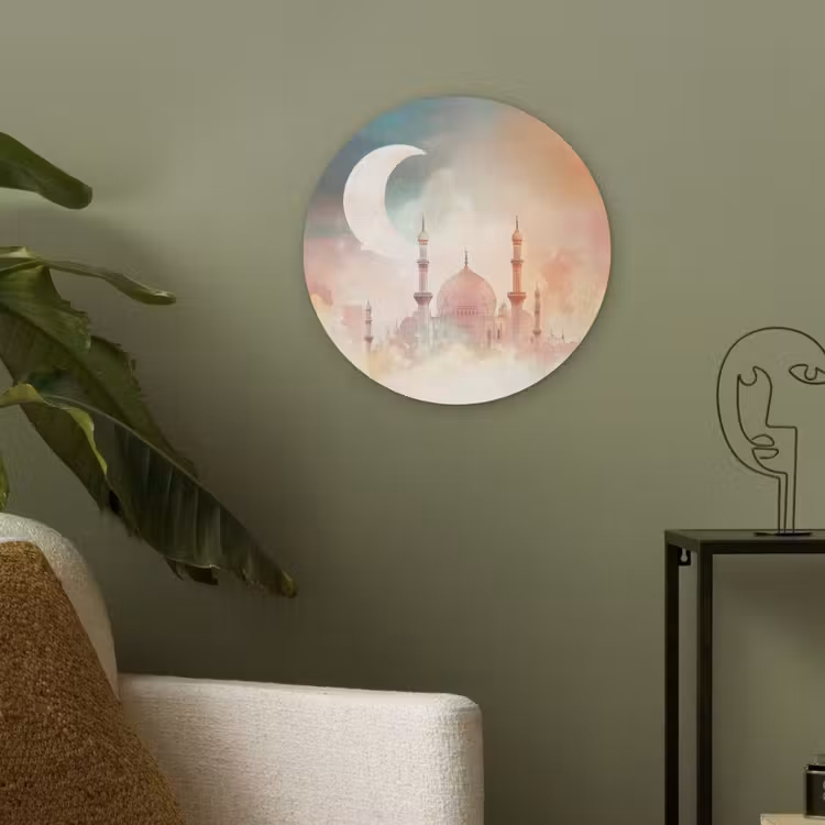 Moskee - Kleurrijke wolken - Arabisch - Ramadan - Islamitische Akoestische PET Vilt - Rond klein -sfeer2