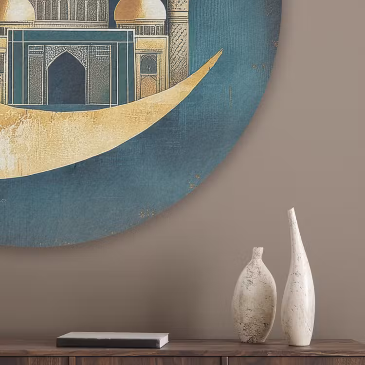 Moskee - Halve maan - Goud - Ramadan - Islamitische Akoestische PET Vilt - Rond klein -sfeer5_closeup