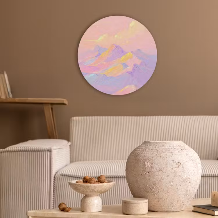 Bergtoppen - Wolken - Dromerig Akoestische PET Vilt - Rond klein -sfeer1