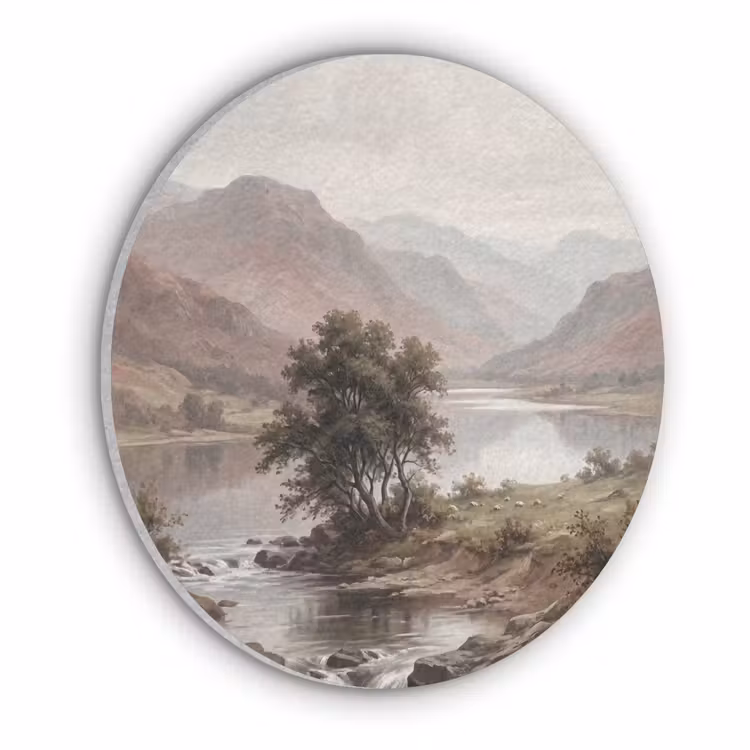 Berglandschap - Meer - Bergen - Vallei - Klassiek Akoestische PET Vilt - Rond klein -3d