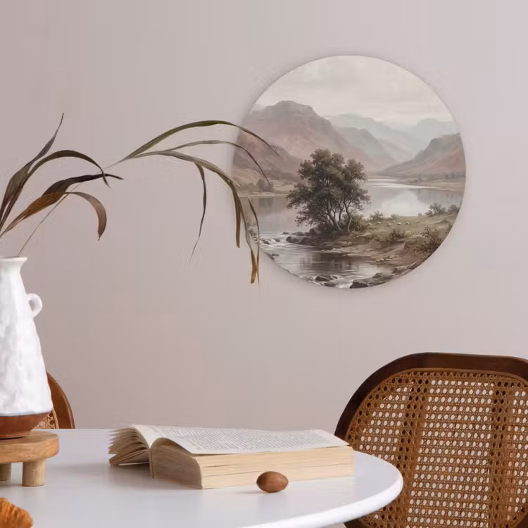Berglandschap - Meer - Bergen - Vallei - Klassiek Akoestische PET Vilt - Rond klein -sfeer3