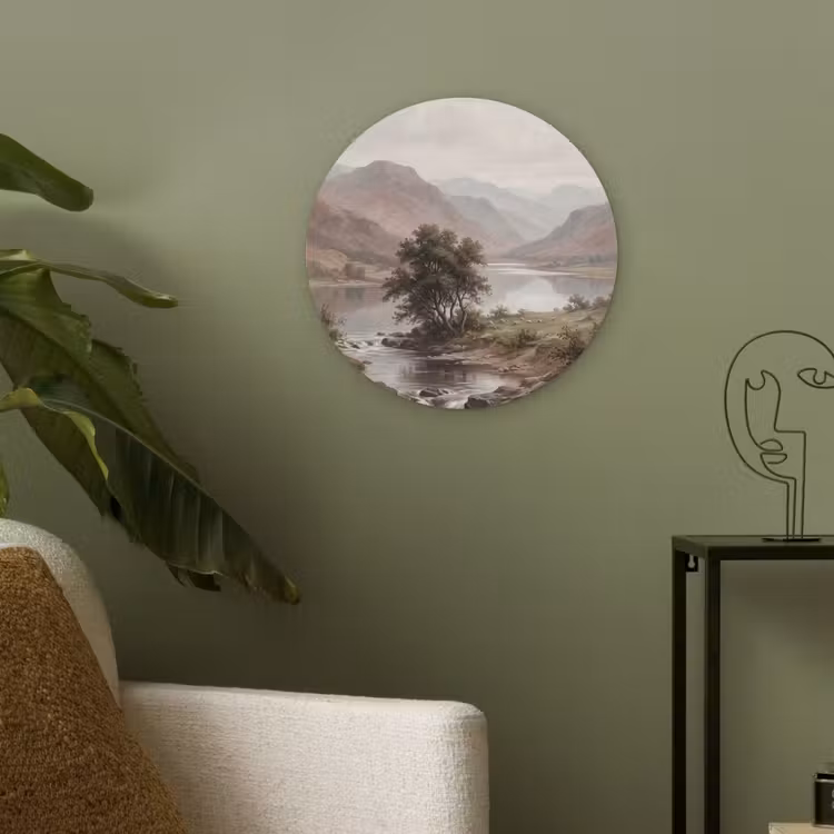 Berglandschap - Meer - Bergen - Vallei - Klassiek Akoestische PET Vilt - Rond klein -sfeer2