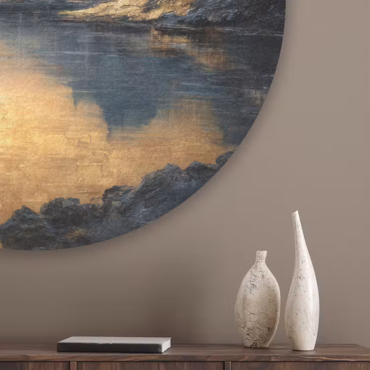 Berglandschap met Gouden Zonsondergang Akoestische PET Vilt - Rond klein -sfeer5_closeup
