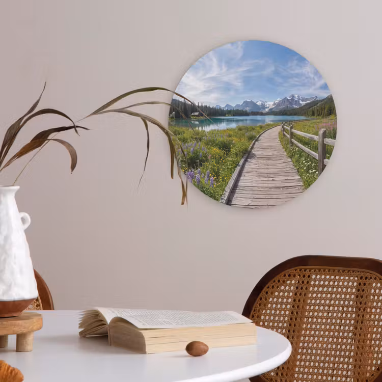 Bergen - Meer - Landschap - Blauw Akoestische PET Vilt - Rond klein -sfeer3