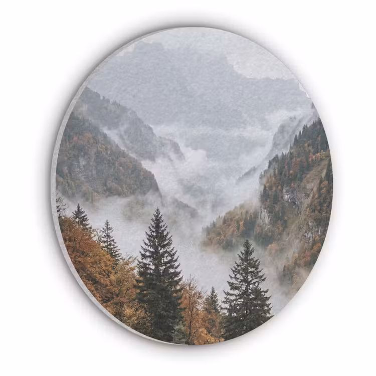 Bergen - Vallei - Mist - Herfst - Natuur Akoestische PET Vilt - Rond klein -3d