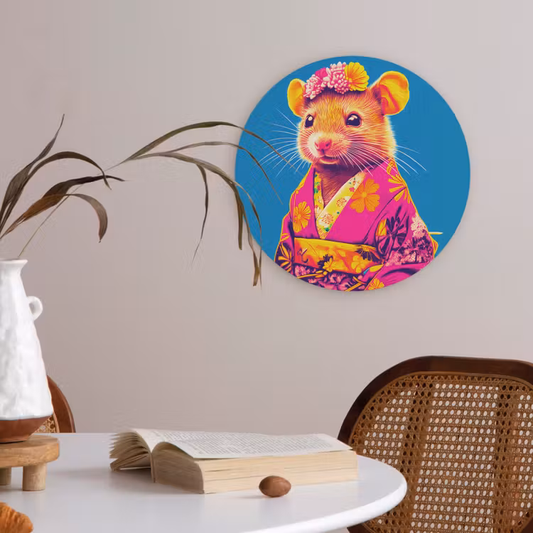 Muis - Kimono - Bloemen - Blauw Akoestische PET Vilt - Rond klein -sfeer3