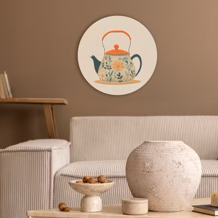 Oranje - Theepot - Bloemen - Bladeren Akoestische PET Vilt - Rond klein -sfeer1