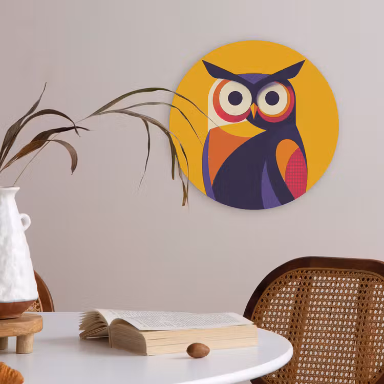 Uil - Grafisch - Kleurrijk - Ogen Akoestische PET Vilt - Rond klein -sfeer3