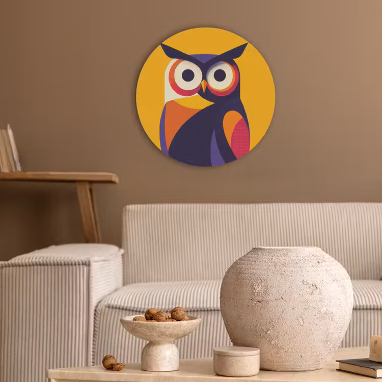 Uil - Grafisch - Kleurrijk - Ogen Akoestische PET Vilt - Rond klein -sfeer1