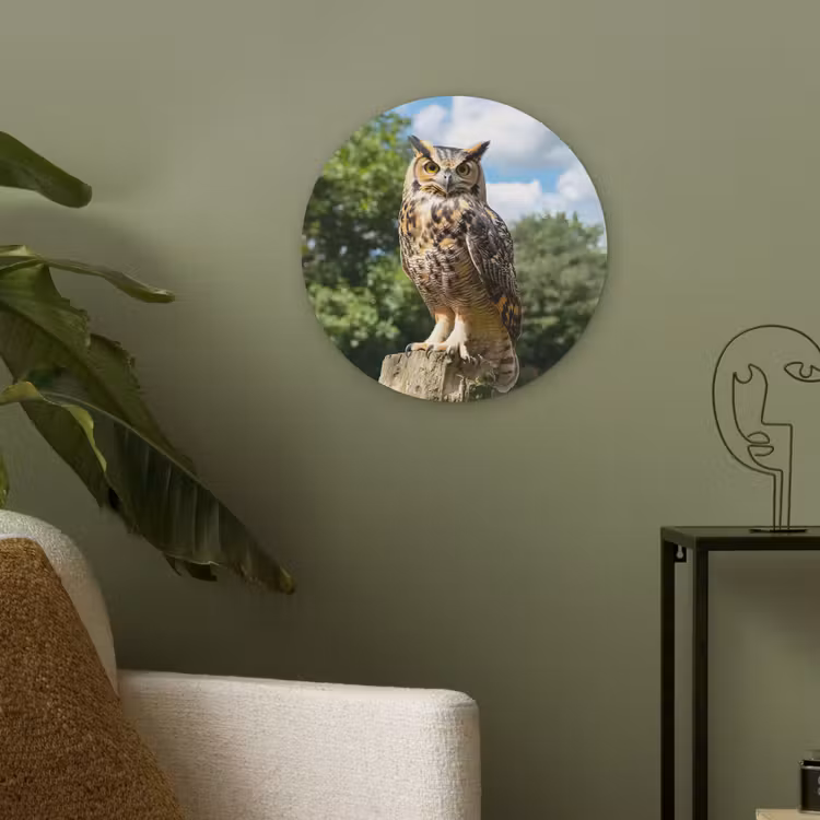 Uil - Boomstronk - Bos - Lucht Akoestische PET Vilt - Rond klein -sfeer2