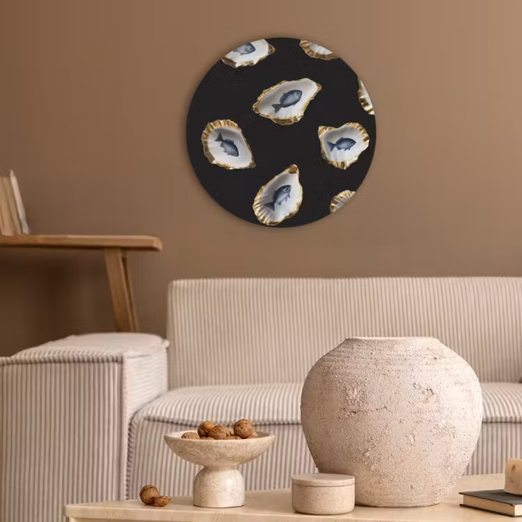 Oesters - Vissen - Blauw - Goud Akoestische PET Vilt - Rond klein -sfeer1