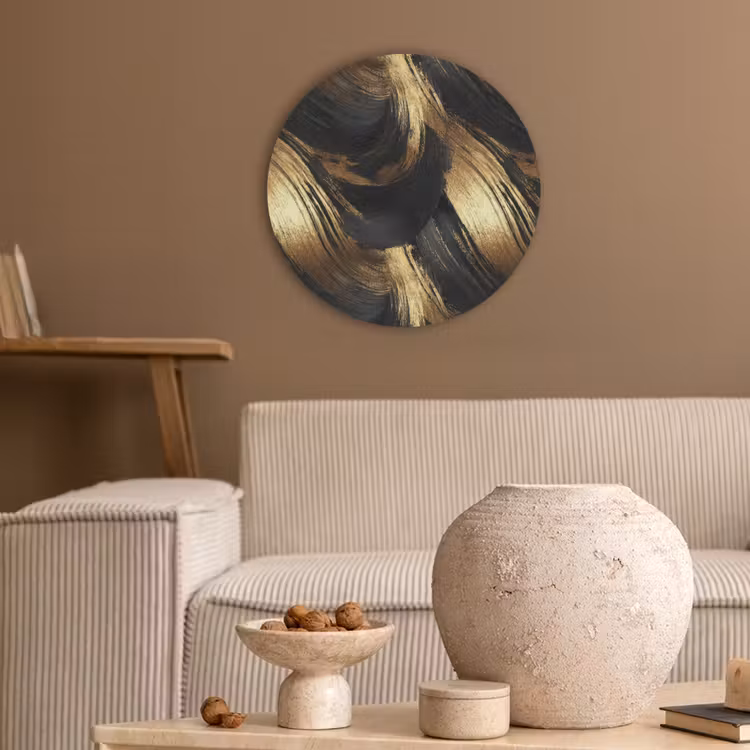 Verfstreken - Abstract - Goud - Zwart Akoestische PET Vilt - Rond klein 838 -sfeer1