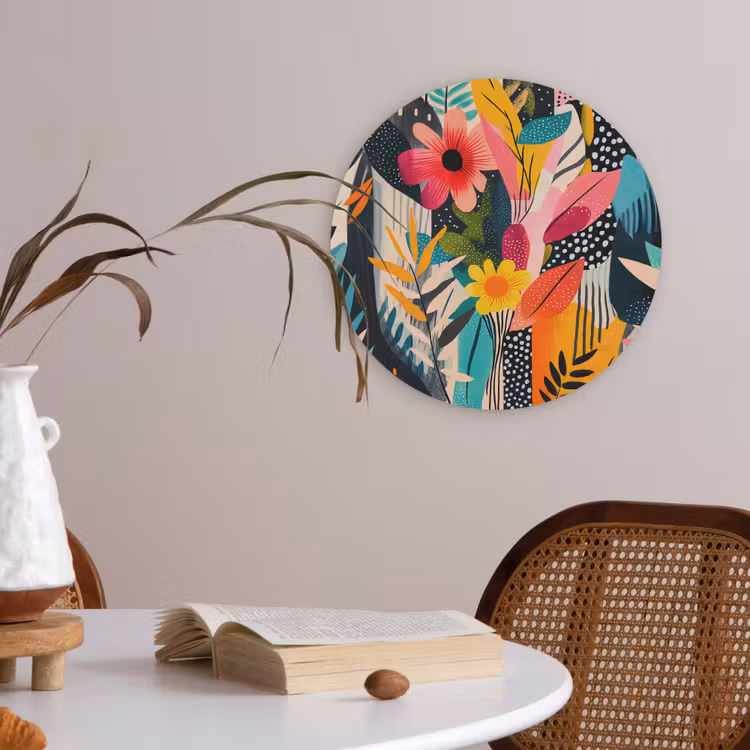 Schilderij - Abstract - Bloemen - Roze Akoestische PET Vilt - Rond klein -sfeer3