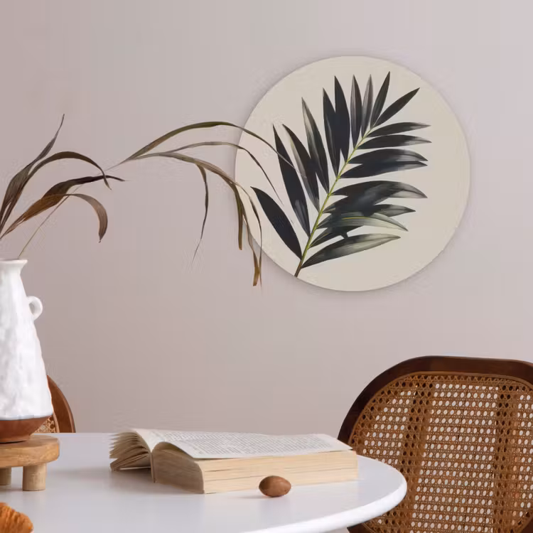 Palmblad - Subtiel - Groen - beige Akoestische PET Vilt - Rond klein -sfeer3
