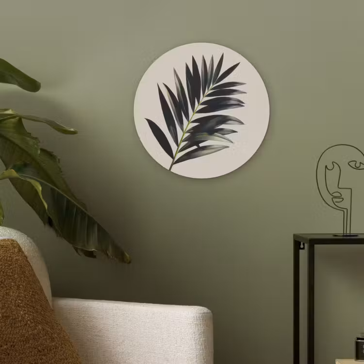 Palmblad - Subtiel - Groen - beige Akoestische PET Vilt - Rond klein -sfeer2