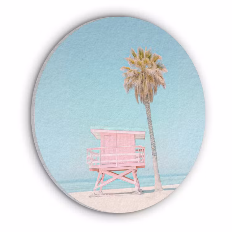 Palmboom - Strandhuis - Roze Akoestische PET Vilt - Rond klein -3d