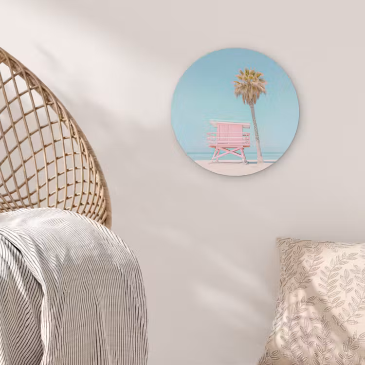 Palmboom - Strandhuis - Roze Akoestische PET Vilt - Rond klein -sfeer4