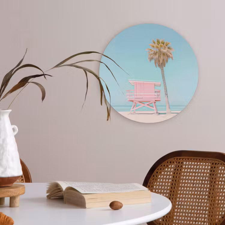 Palmboom - Strandhuis - Roze Akoestische PET Vilt - Rond klein -sfeer3