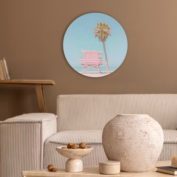 Palmboom - Strandhuis - Roze Akoestische PET Vilt - Rond klein -sfeer1
