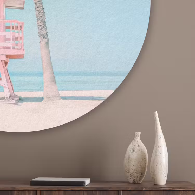 Palmboom - Strandhuis - Roze Akoestische PET Vilt - Rond klein -sfeer5_closeup